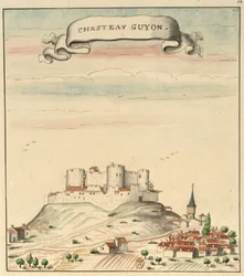 Dessin du château et du village de Châtel-Guyon (vers 1450) inspiré de Guillaume Revel, L
